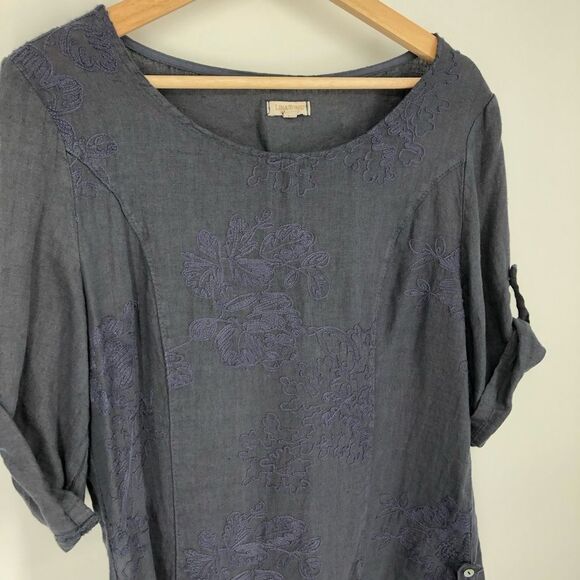 Lina Tomei Embroidered Top Womens Large Blue 100% Linen Floral Roll Tab Sleeves - Picture 2 of 13